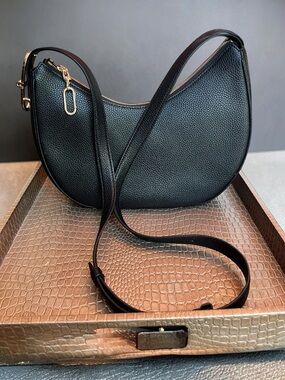 Furla MiaLuna Black Pebbled Leather Crescent Crossbody Bag w/Gold Hardware- NWOT